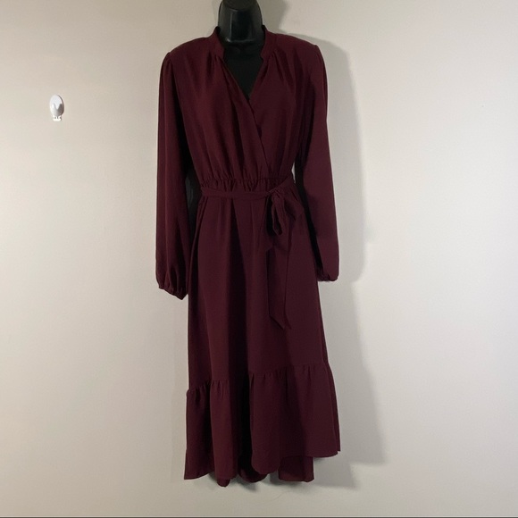 Emma & Michelle Long Sleeves surpluses midi burgundy dress Size S NEW - Picture 7 of 7